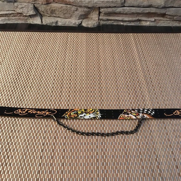 Vintage Ed Hardy Y2K Black Leather Tiger Chain Belt XS/SEd Hardy - Picture 4 of 8